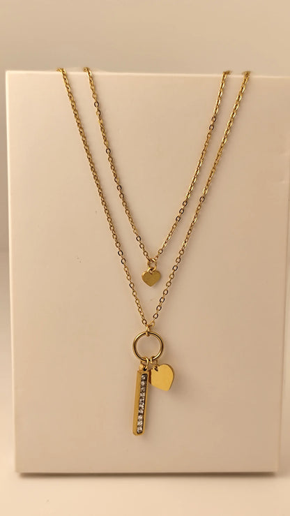 Layered Gold Heart Necklace with Crystal Bar Pendant – Dainty & Elegant