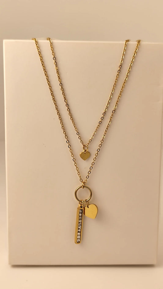 Layered Gold Heart Necklace with Crystal Bar Pendant – Dainty & Elegant