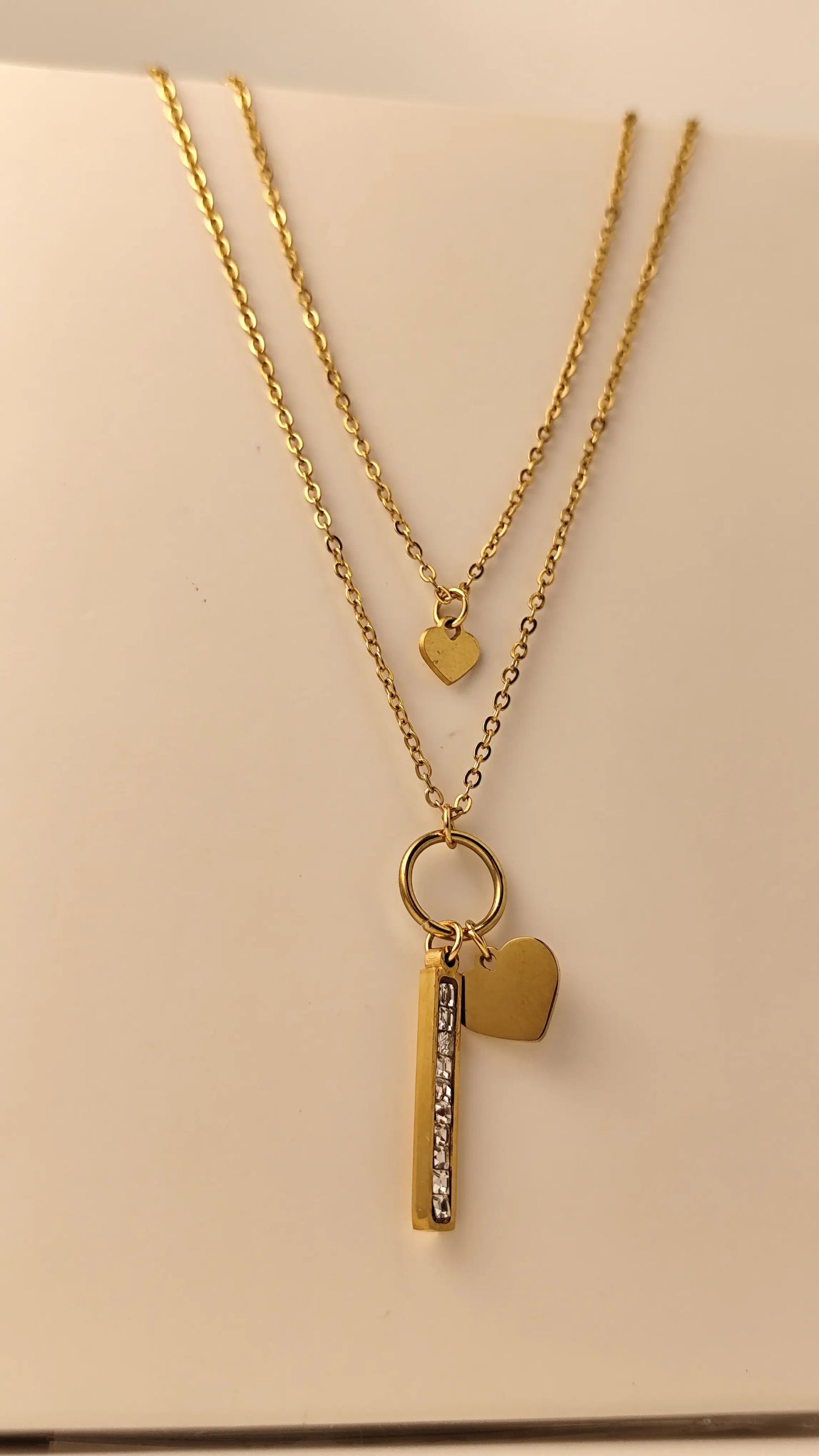 Layered Gold Heart Necklace with Crystal Bar Pendant – Dainty & Elegant
