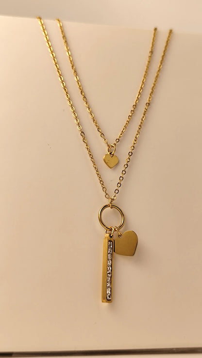 Layered Gold Heart Necklace with Crystal Bar Pendant – Dainty & Elegant