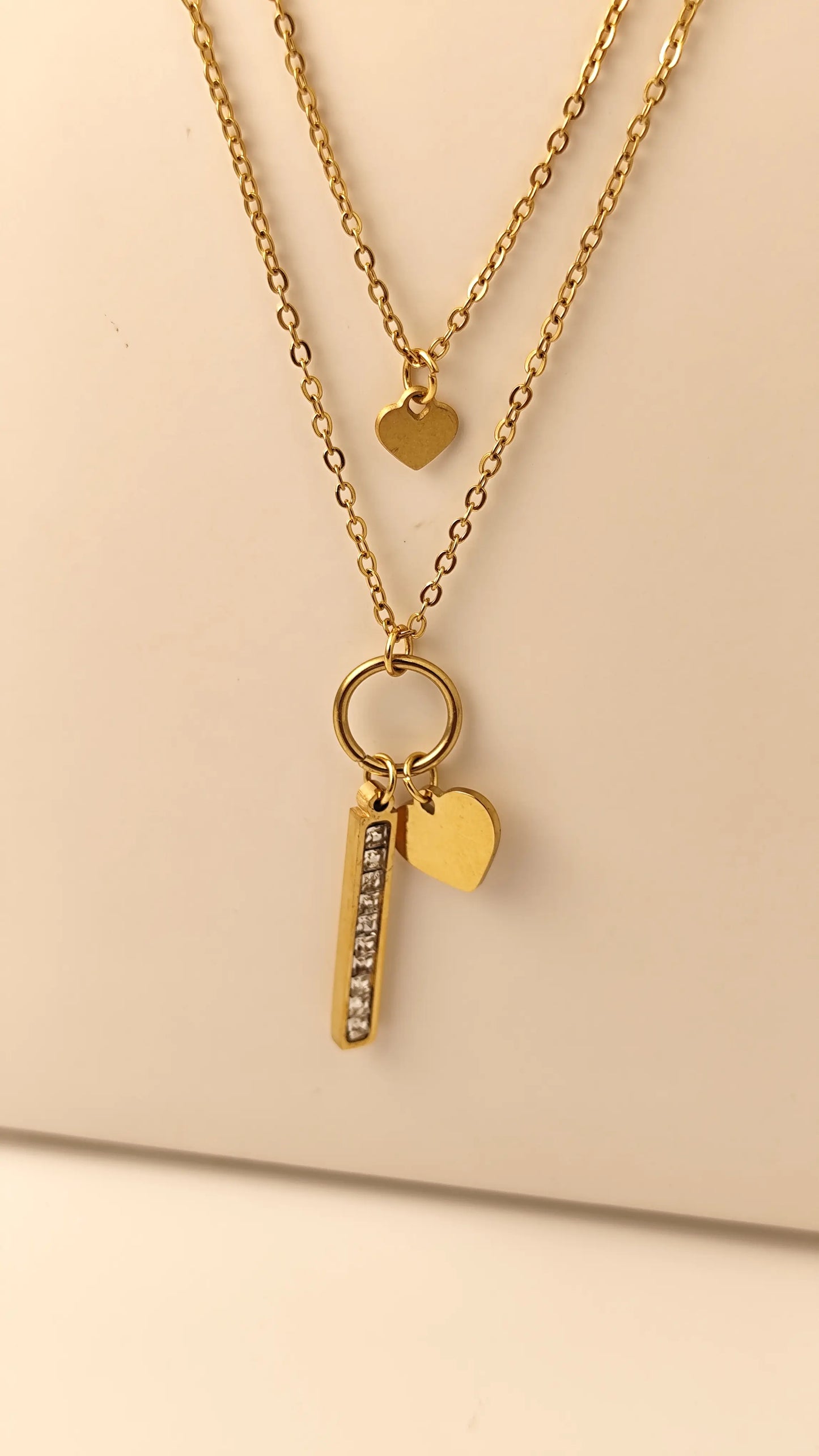 Layered Gold Heart Necklace with Crystal Bar Pendant – Dainty & Elegant