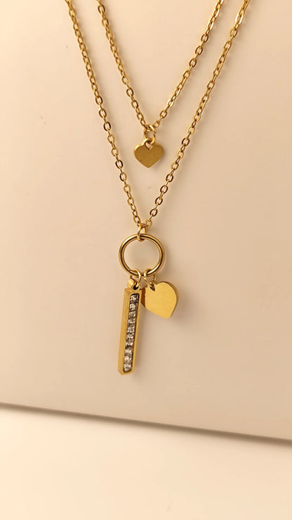 Layered Gold Heart Necklace with Crystal Bar Pendant – Dainty & Elegant