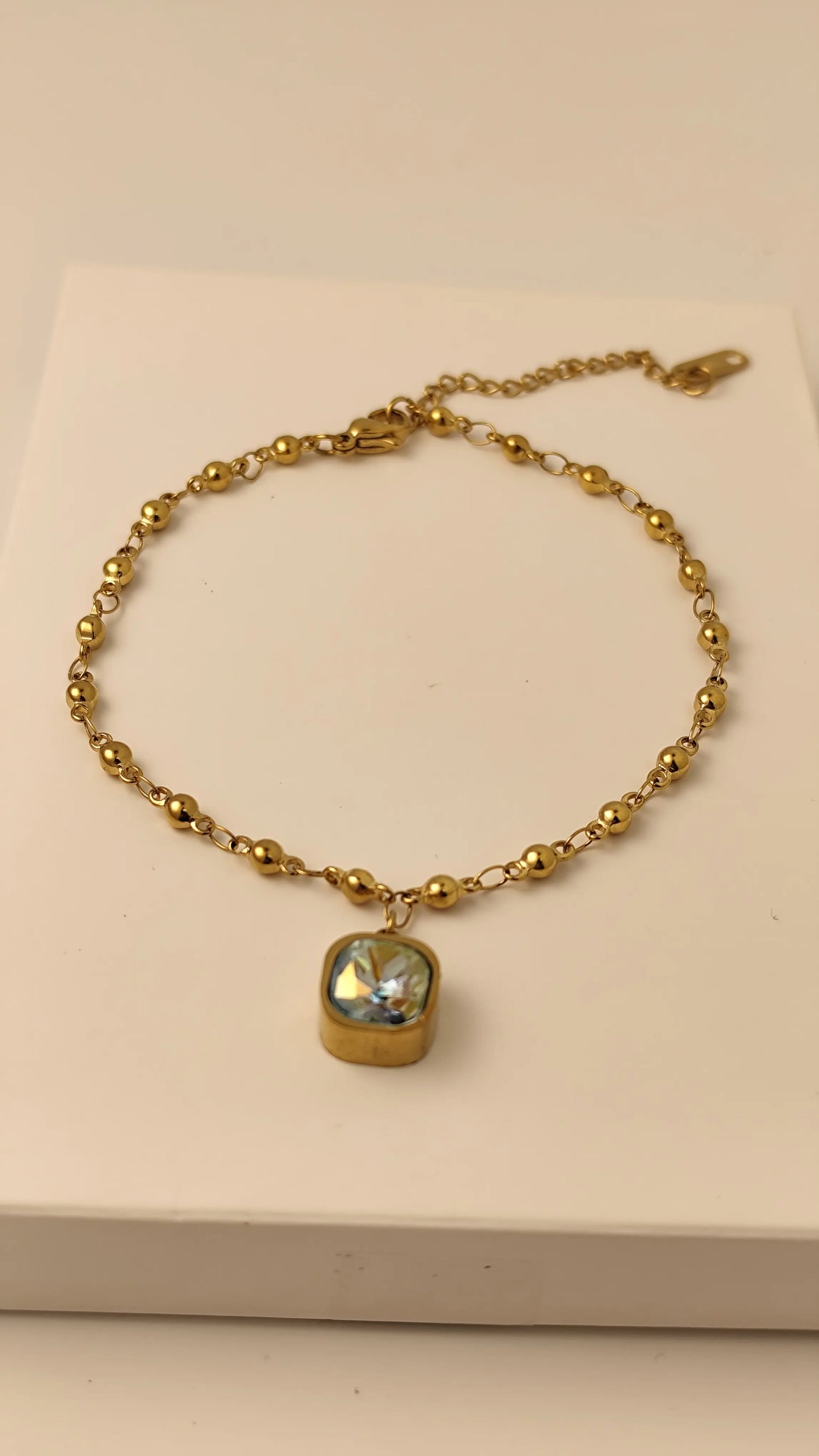 Gold Beaded Bracelet with Crystal Charm – Adjustable Elegant Chain | Vivoura Jewellery