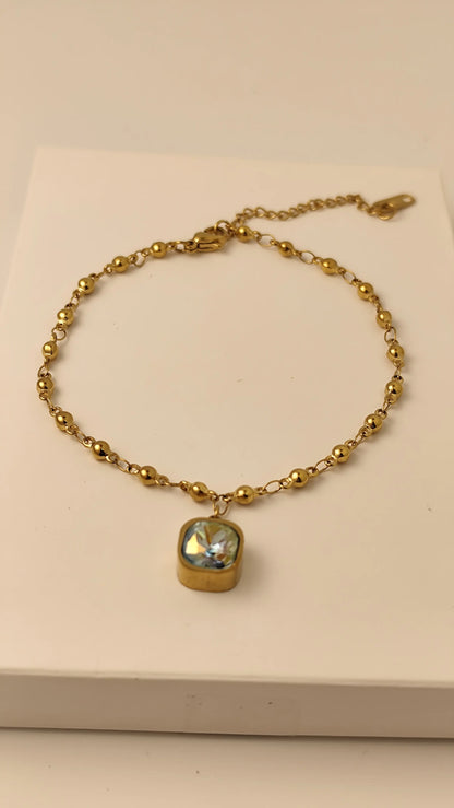 Gold Beaded Bracelet with Crystal Charm – Adjustable Elegant Chain | Vivoura Jewellery