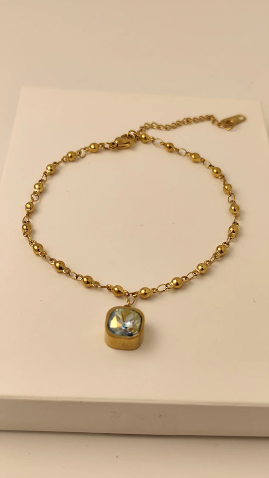 Gold Beaded Bracelet with Crystal Charm – Adjustable Elegant Chain | Vivoura Jewellery