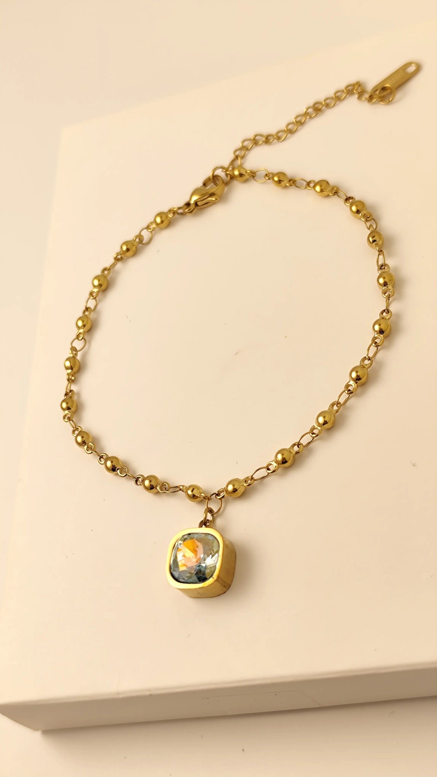 Gold Beaded Bracelet with Crystal Charm – Adjustable Elegant Chain | Vivoura Jewellery