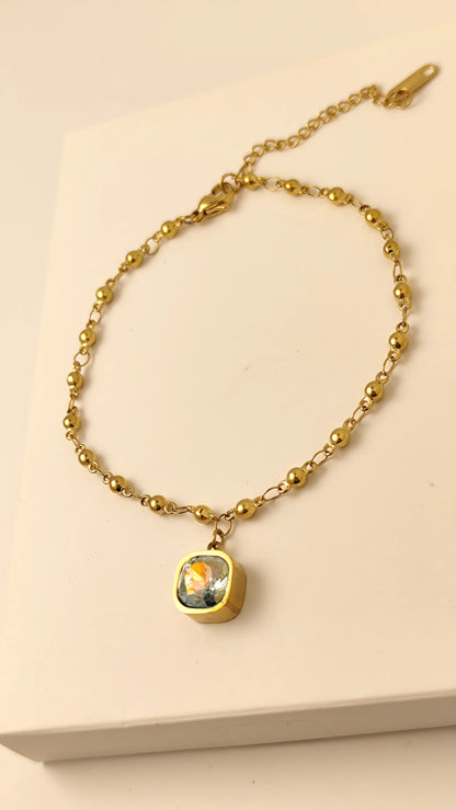 Gold Beaded Bracelet with Crystal Charm – Adjustable Elegant Chain | Vivoura Jewellery