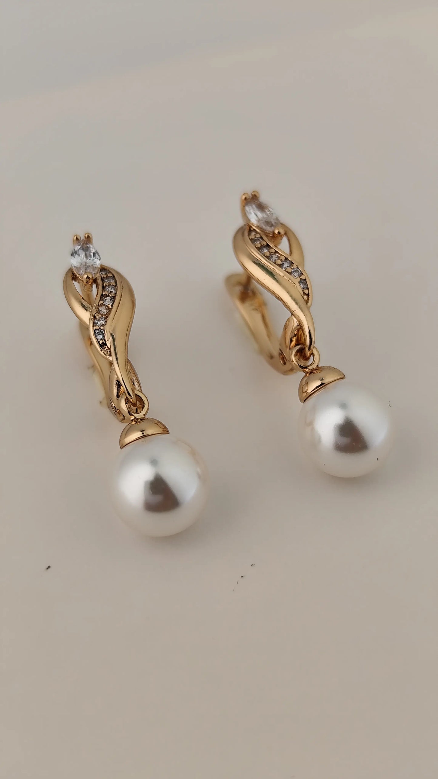 Luxury Pearl Drop Earrings with Gold & Zircon Twist Design | Vivoura Jewellery