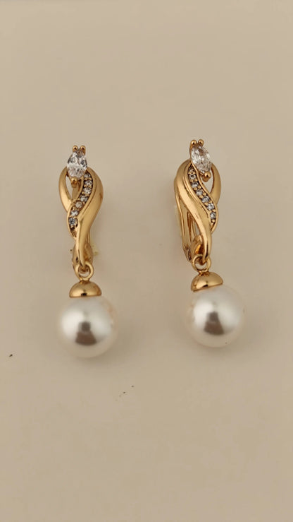 Luxury Pearl Drop Earrings with Gold & Zircon Twist Design | Vivoura Jewellery