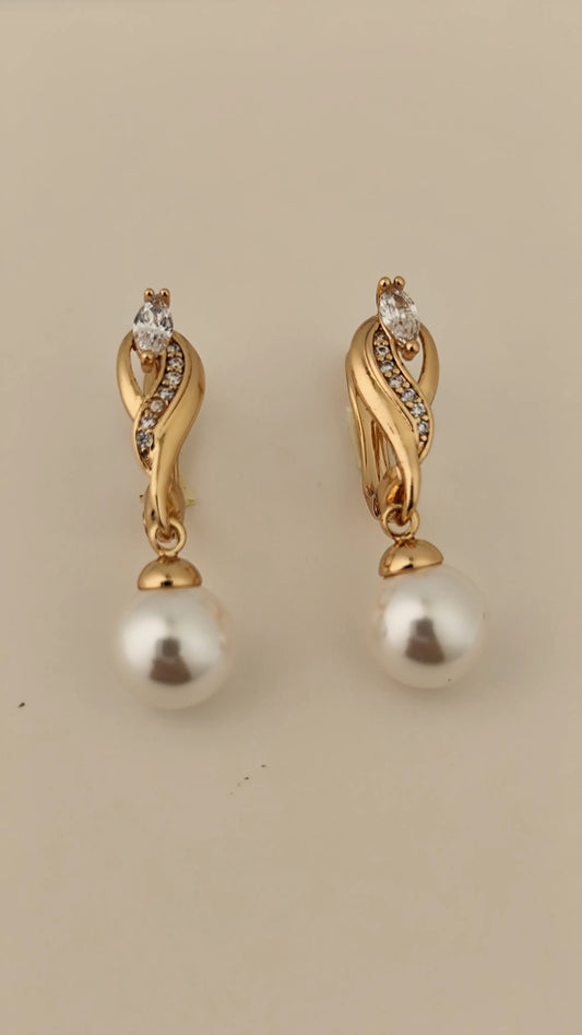 Luxury Pearl Drop Earrings with Gold & Zircon Twist Design | Vivoura Jewellery
