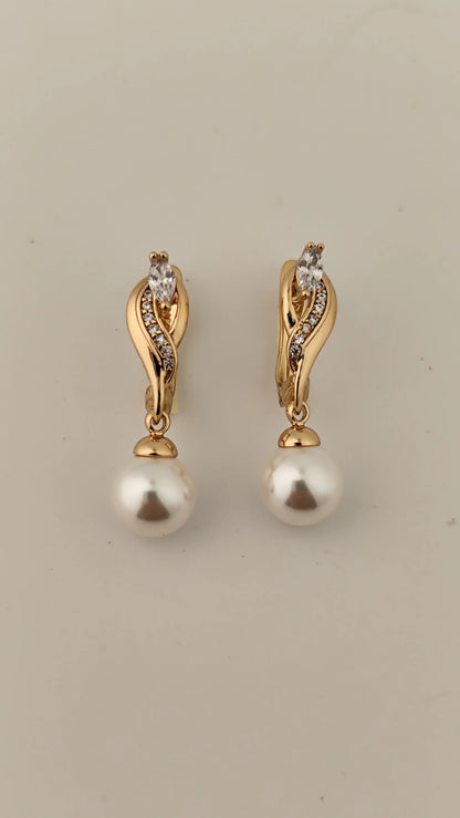 Luxury Pearl Drop Earrings with Gold & Zircon Twist Design | Vivoura Jewellery