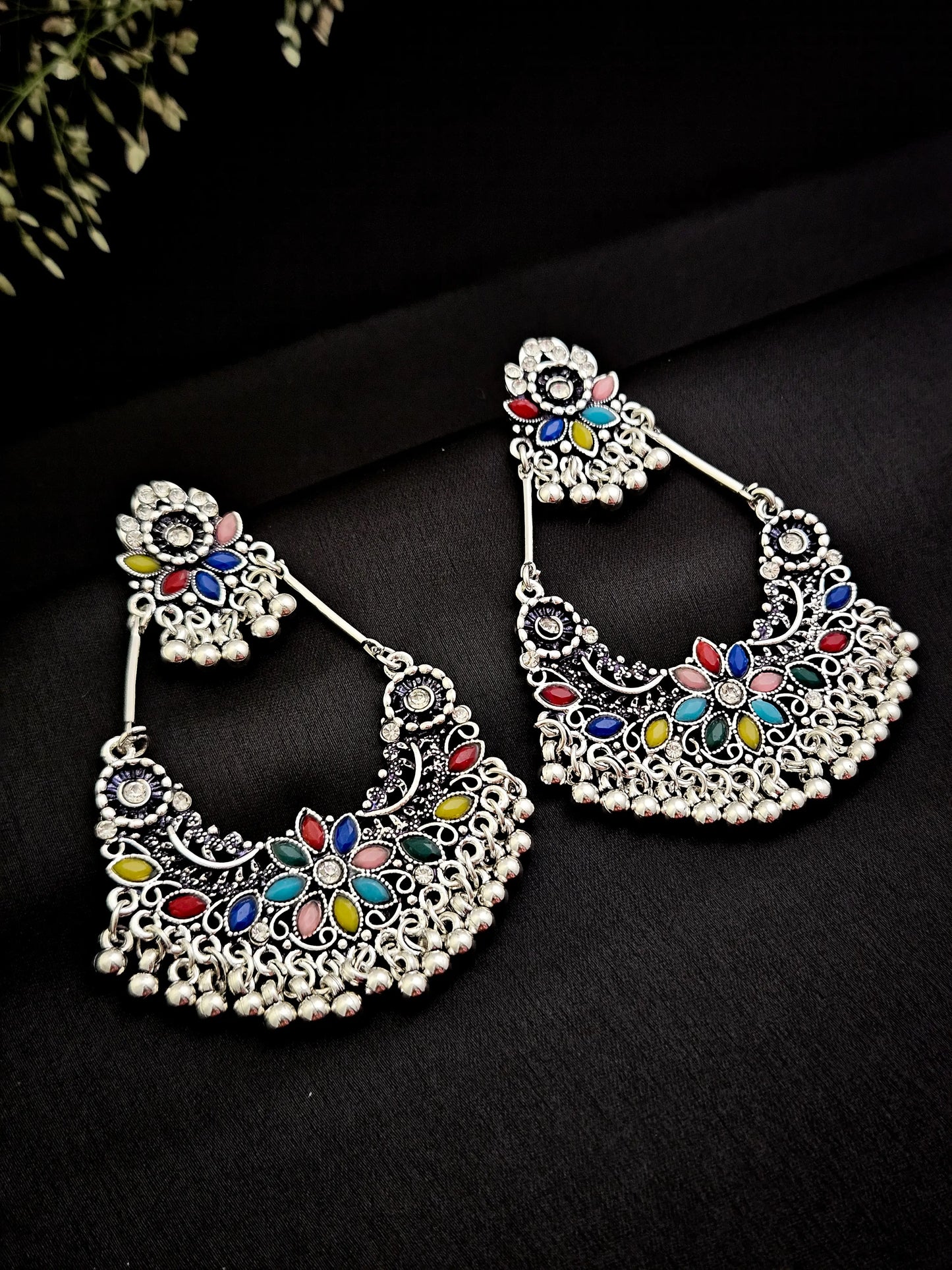 Oxidised Silver Multicolour Chandbali Earrings with Beads – Vivoura Jewellery