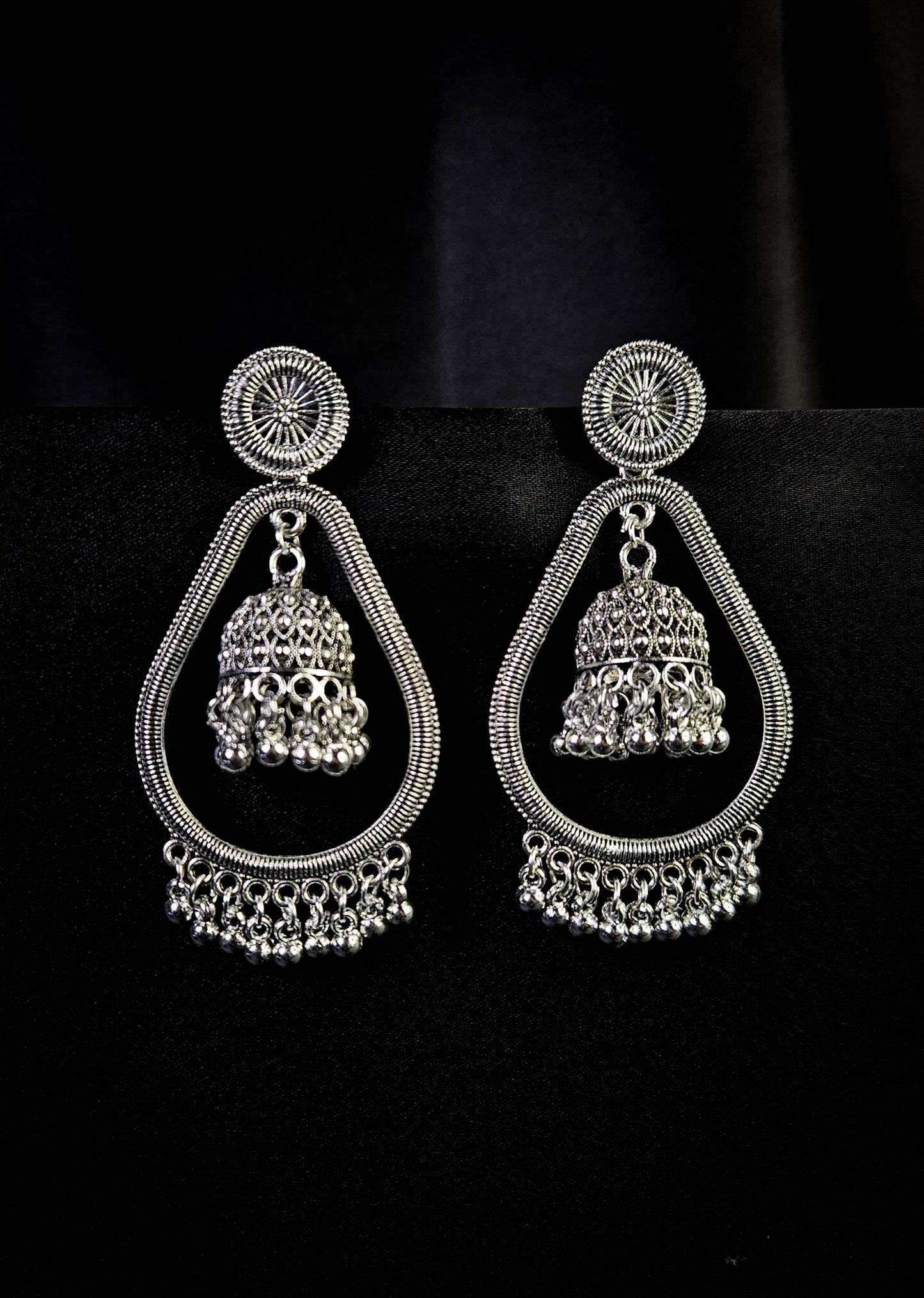 Oxidised Silver Teardrop Jhumka Earrings – Ethnic Statement Jewellery for Women